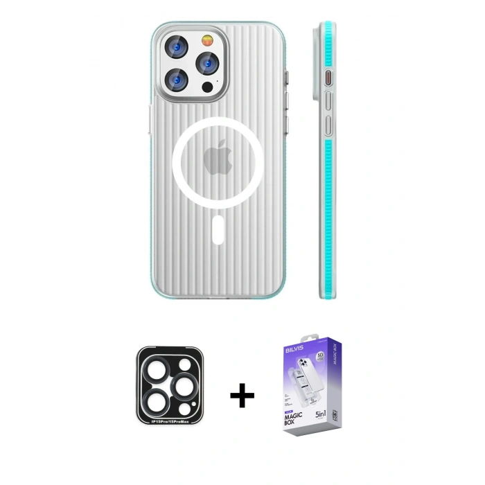 MARSİLYAN™- iPhone 15 Pro Max Kılıf Pusula Minimal Koleksiyonu - Siyah Bilvis 5in1 3D Magic Cam Ekran Koruyucu + PVD Metal Kamera Lens - LT