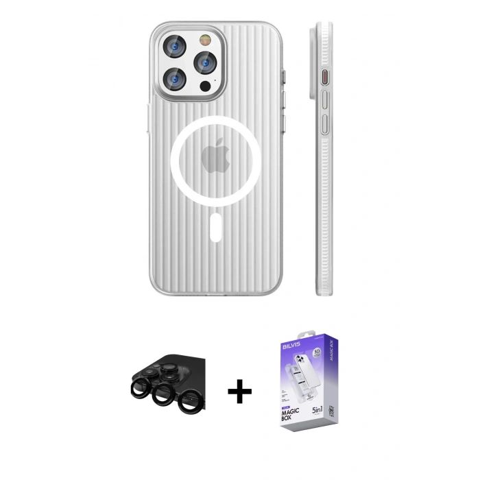 MARSİLYAN™- iPhone 15 Pro Max Kılıf Pusula Minimal Koleksiyonu - Siyah Bilvis 5in1 3D Magic Cam Ekran Koruyucu + Raze Metal Kamera Lens - SH