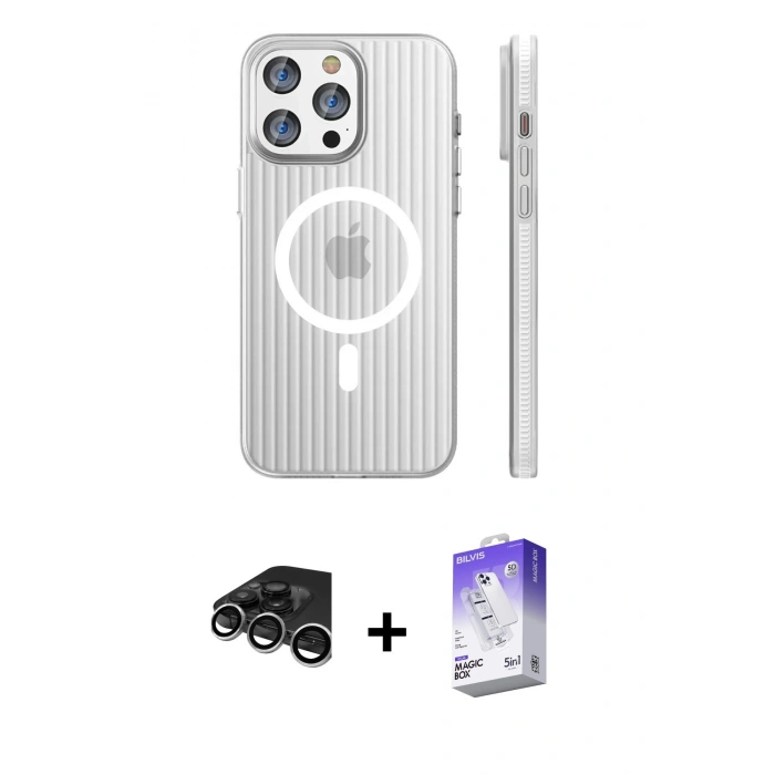 MARSİLYAN™- iPhone 15 Pro Max Kılıf Pusula Minimal Koleksiyonu - Siyah Bilvis 5in1 3D Magic Cam Ekran Koruyucu + Raze Metal Kamera Lens - GS