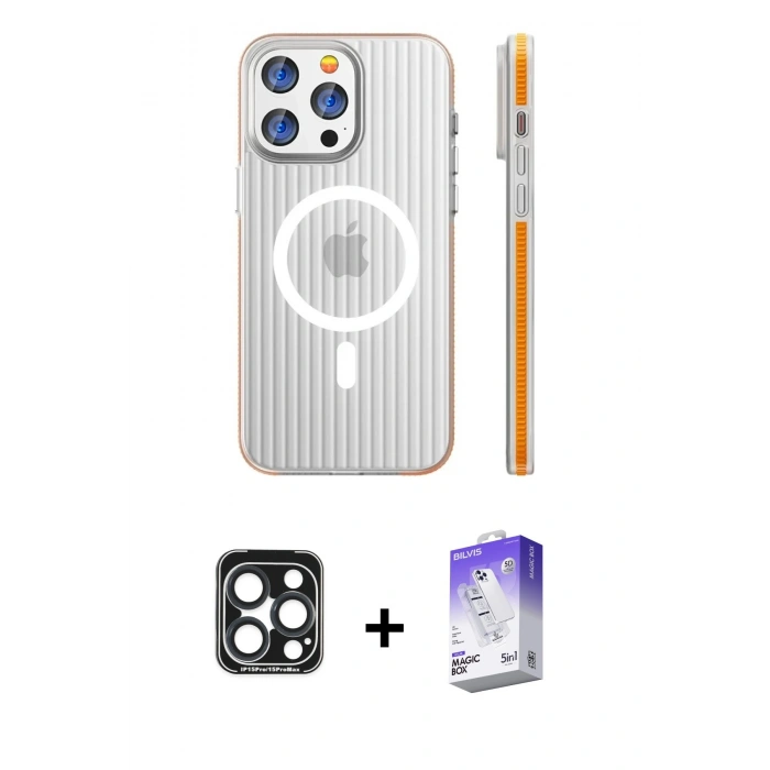 MARSİLYAN™- iPhone 15 Pro Max Kılıf Pusula Minimal Koleksiyonu - Siyah Bilvis 5in1 3D Magic Cam Ekran Koruyucu + PVD Metal Kamera Lens - LT