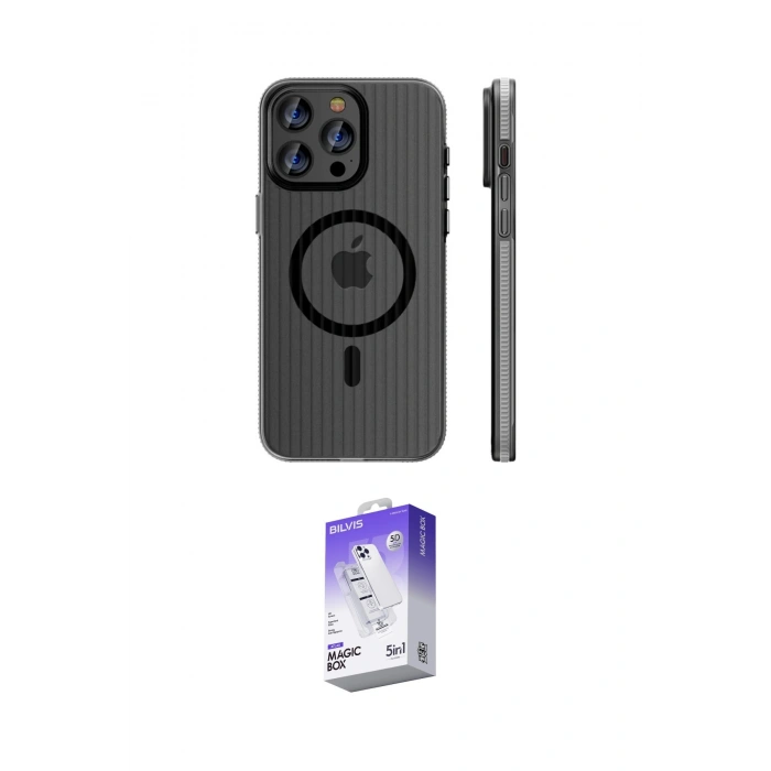 MARSİLYAN™- iPhone 15 Pro Max Kılıf Pusula Minimal Koleksiyonu - Siyah Bilvis 5in1 3D Magic Cam Ekran Koruyucu