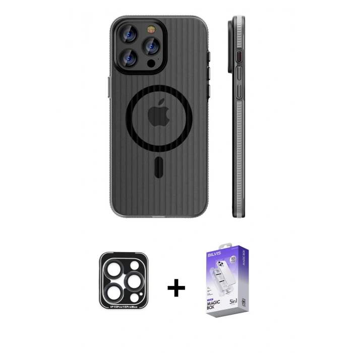 MARSİLYAN™- iPhone 15 Pro Max Kılıf Pusula Minimal Koleksiyonu - Siyah Bilvis 5in1 3D Magic Cam Ekran Koruyucu + PVD Metal Kamera Lens - LT