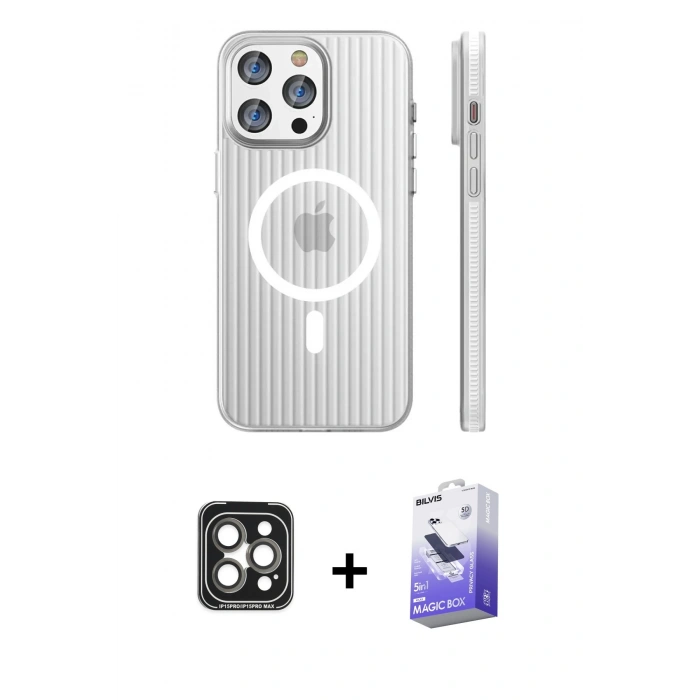 MARSİLYAN™- iPhone 15 Pro Max Kılıf Pusula Minimal Koleksiyonu - Siyah Bilvis 5in1 5D Magic Hayalet Cam Ekran Koruyucu + PVD Metal Kamera Lens - GI
