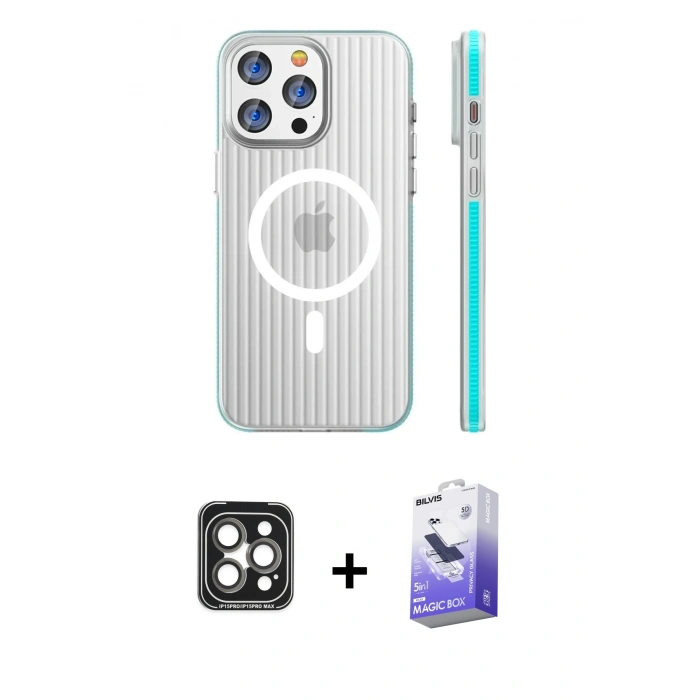 MARSİLYAN™- iPhone 15 Pro Max Kılıf Pusula Minimal Koleksiyonu - Siyah Bilvis 5in1 5D Magic Hayalet Cam Ekran Koruyucu + PVD Metal Kamera Lens - GI