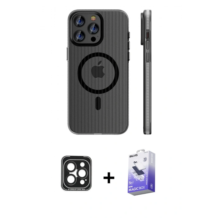 MARSİLYAN™- iPhone 15 Pro Max Kılıf Pusula Minimal Koleksiyonu - Siyah Bilvis 5in1 5D Magic Hayalet Cam Ekran Koruyucu + PVD Metal Kamera Lens - SH