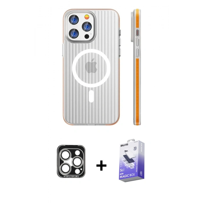 MARSİLYAN™- iPhone 15 Pro Max Kılıf Pusula Minimal Koleksiyonu - Siyah Bilvis 5in1 5D Magic Hayalet Cam Ekran Koruyucu + PVD Metal Kamera Lens - GS
