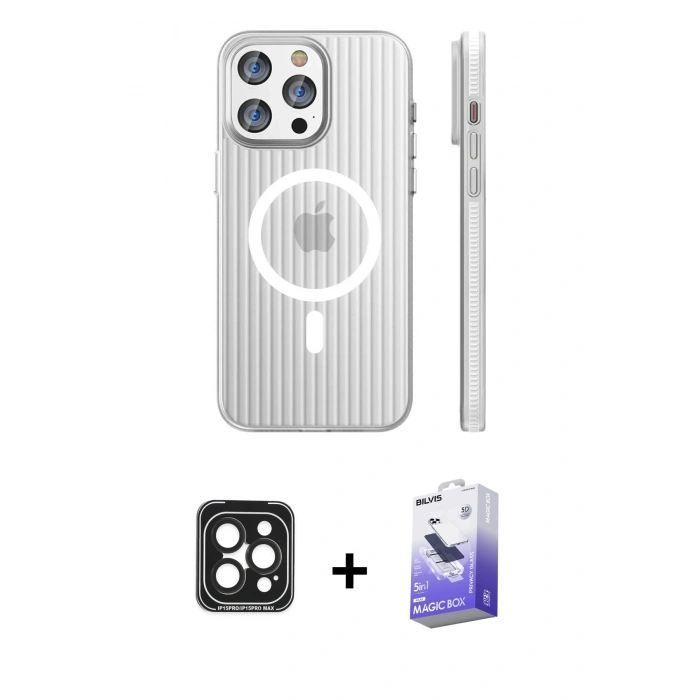 MARSİLYAN™- iPhone 15 Pro Max Kılıf Pusula Minimal Koleksiyonu - Siyah Bilvis 5in1 5D Magic Hayalet Cam Ekran Koruyucu + PVD Metal Kamera Lens - SH