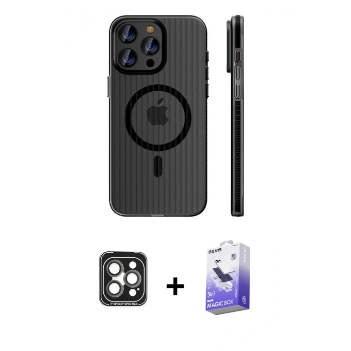 MARSİLYAN™- iPhone 15 Pro Max Kılıf Pusula Minimal Koleksiyonu - Siyah Bilvis 5in1 5D Magic Hayalet Cam Ekran Koruyucu + PVD Metal Kamera Lens - GI