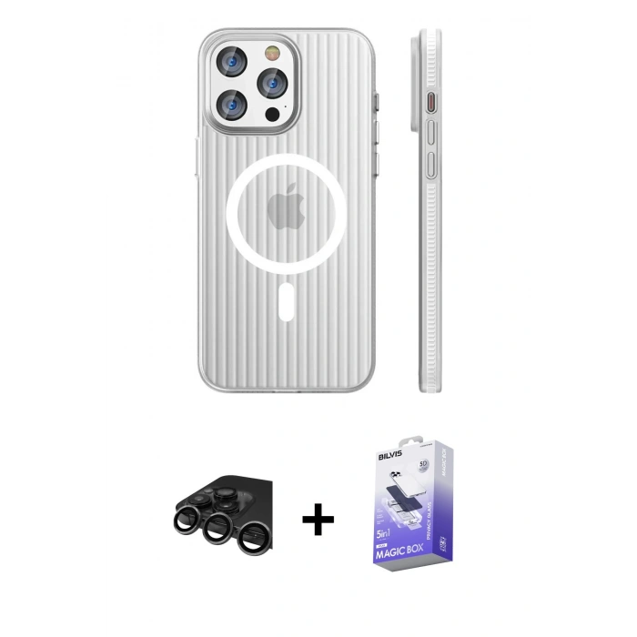 MARSİLYAN™- iPhone 15 Pro Max Kılıf Pusula Minimal Koleksiyonu - Siyah Bilvis 5in1 5D Magic Hayalet Cam Ekran Koruyucu + Raze Metal Kamera Lens - TMGI