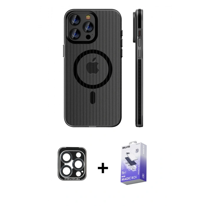 MARSİLYAN™- iPhone 15 Pro Max Kılıf Pusula Minimal Koleksiyonu - Siyah Bilvis 5in1 5D Magic Hayalet Cam Ekran Koruyucu + PVD Metal Kamera Lens - LT