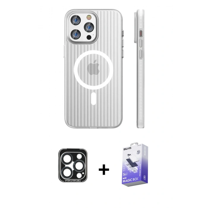 MARSİLYAN™- iPhone 15 Pro Max Kılıf Pusula Minimal Koleksiyonu - Siyah Bilvis 5in1 5D Magic Hayalet Cam Ekran Koruyucu + PVD Metal Kamera Lens - LT