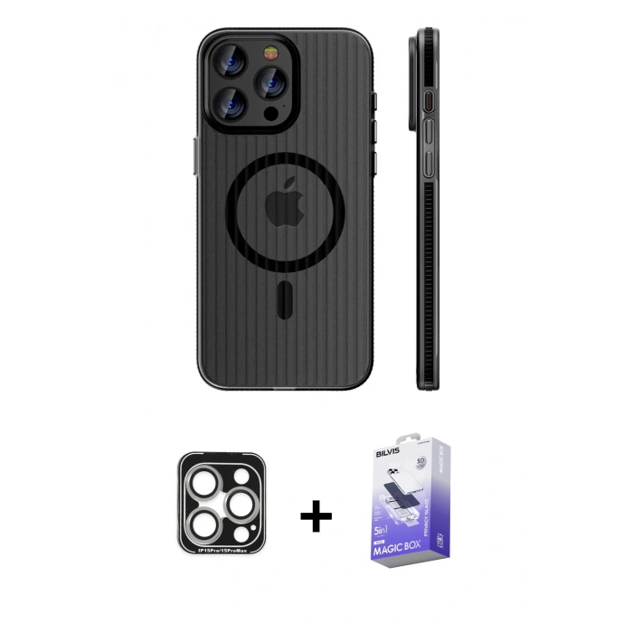 MARSİLYAN™- iPhone 15 Pro Max Kılıf Pusula Minimal Koleksiyonu - Siyah Bilvis 5in1 5D Magic Hayalet Cam Ekran Koruyucu + PVD Metal Kamera Lens - GS