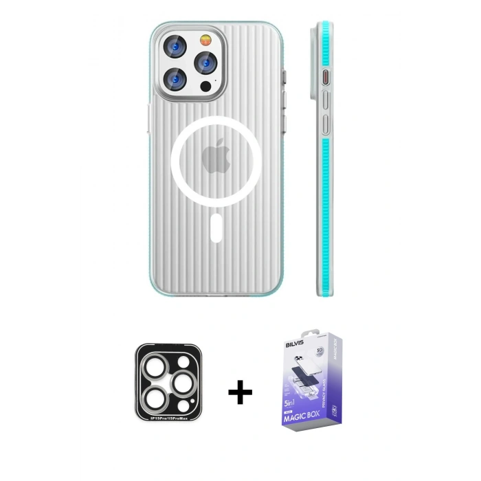 MARSİLYAN™- iPhone 15 Pro Max Kılıf Pusula Minimal Koleksiyonu - Siyah Bilvis 5in1 5D Magic Hayalet Cam Ekran Koruyucu + PVD Metal Kamera Lens - GS