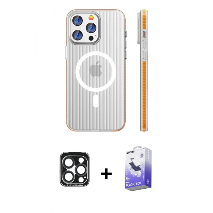 MARSİLYAN™- iPhone 15 Pro Max Kılıf Pusula Minimal Koleksiyonu - Siyah Bilvis 5in1 5D Magic Hayalet Cam Ekran Koruyucu + PVD Metal Kamera Lens - LT