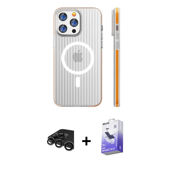 MARSİLYAN™- iPhone 15 Pro Max Kılıf Pusula Minimal Koleksiyonu - Siyah Bilvis 5in1 5D Magic Hayalet Cam Ekran Koruyucu + Raze Metal Kamera Lens - TMGI