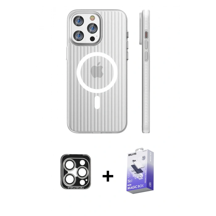 MARSİLYAN™- iPhone 15 Pro Max Kılıf Pusula Minimal Koleksiyonu - Siyah Bilvis 5in1 5D Magic Hayalet Cam Ekran Koruyucu + PVD Metal Kamera Lens - GS