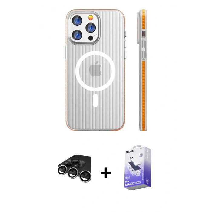MARSİLYAN™- iPhone 15 Pro Max Kılıf Pusula Minimal Koleksiyonu - Siyah Bilvis 5in1 5D Magic Hayalet Cam Ekran Koruyucu + Raze Metal Kamera Lens - GS
