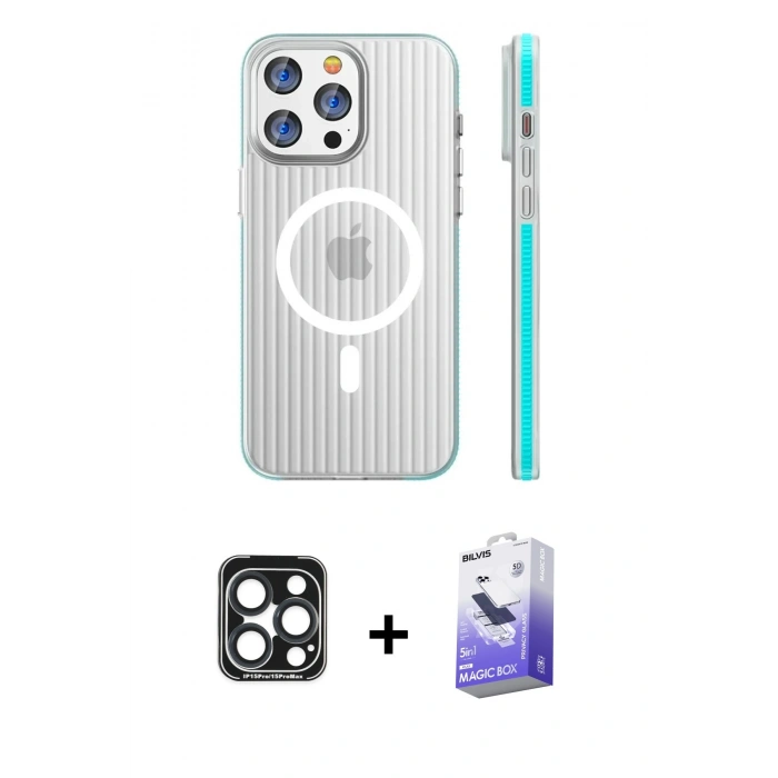MARSİLYAN™- iPhone 15 Pro Max Kılıf Pusula Minimal Koleksiyonu - Siyah Bilvis 5in1 5D Magic Hayalet Cam Ekran Koruyucu + PVD Metal Kamera Lens - LT
