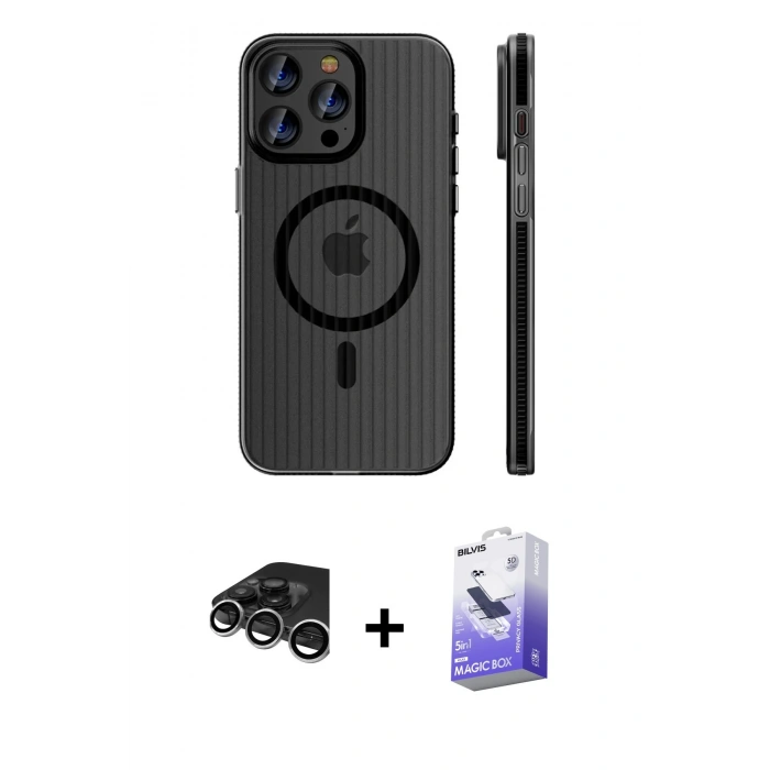 MARSİLYAN™- iPhone 15 Pro Max Kılıf Pusula Minimal Koleksiyonu - Siyah Bilvis 5in1 5D Magic Hayalet Cam Ekran Koruyucu + Raze Metal Kamera Lens - GS