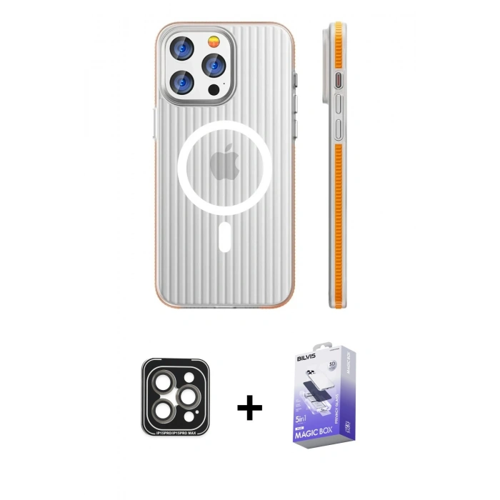 MARSİLYAN™- iPhone 15 Pro Max Kılıf Pusula Minimal Koleksiyonu - Siyah Bilvis 5in1 5D Magic Hayalet Cam Ekran Koruyucu + PVD Metal Kamera Lens - GI