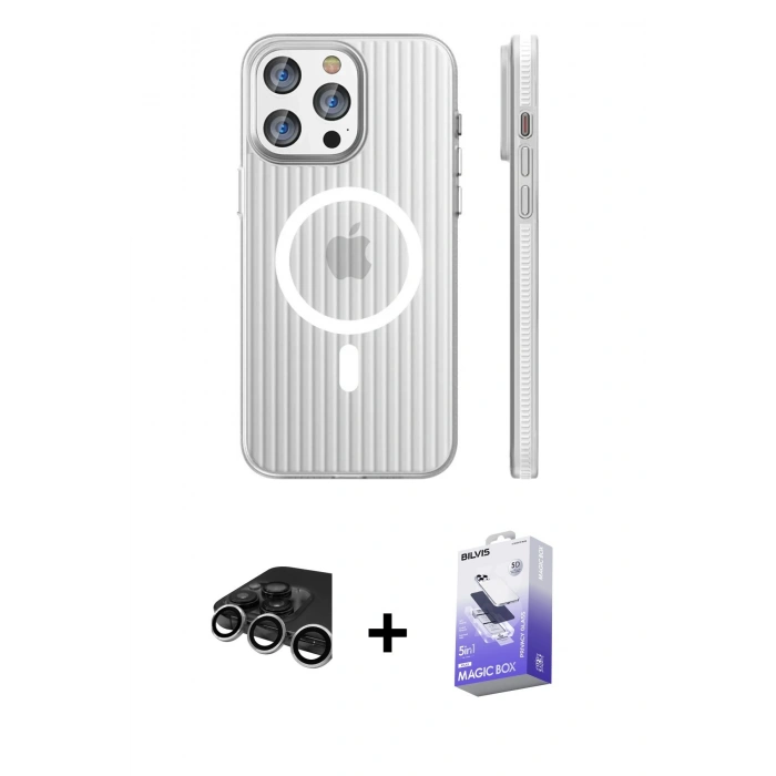MARSİLYAN™- iPhone 15 Pro Max Kılıf Pusula Minimal Koleksiyonu - Siyah Bilvis 5in1 5D Magic Hayalet Cam Ekran Koruyucu + Raze Metal Kamera Lens - GS