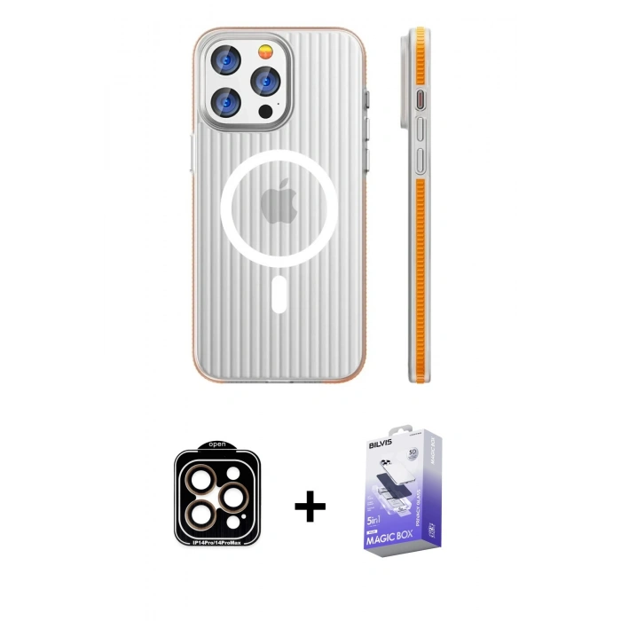 MARSİLYAN™- iPhone 15 Pro Max Kılıf Pusula Minimal Koleksiyonu - Siyah Bilvis 5in1 5D Magic Hayalet Cam Ekran Koruyucu + PVD Metal Kamera Lens - TU