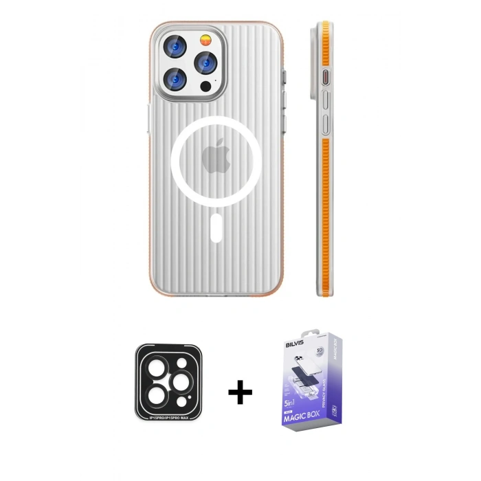 MARSİLYAN™- iPhone 15 Pro Max Kılıf Pusula Minimal Koleksiyonu - Siyah Bilvis 5in1 5D Magic Hayalet Cam Ekran Koruyucu + PVD Metal Kamera Lens - SH