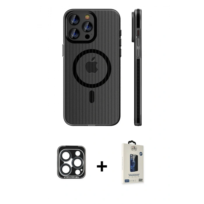 MARSİLYAN™- iPhone 15 Pro Max Kılıf Pusula Minimal Koleksiyonu - Siyah Bilvis Hayalet Cam Ekran Koruyucu + PVD Metal Kamera Lens - LT