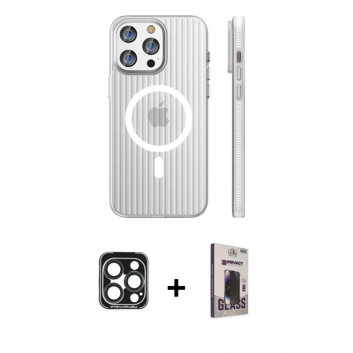 MARSİLYAN™- iPhone 15 Pro Max Kılıf Pusula Minimal Koleksiyonu - Siyah Bilvis Hayalet Cam Ekran Koruyucu + PVD Metal Kamera Lens - LT