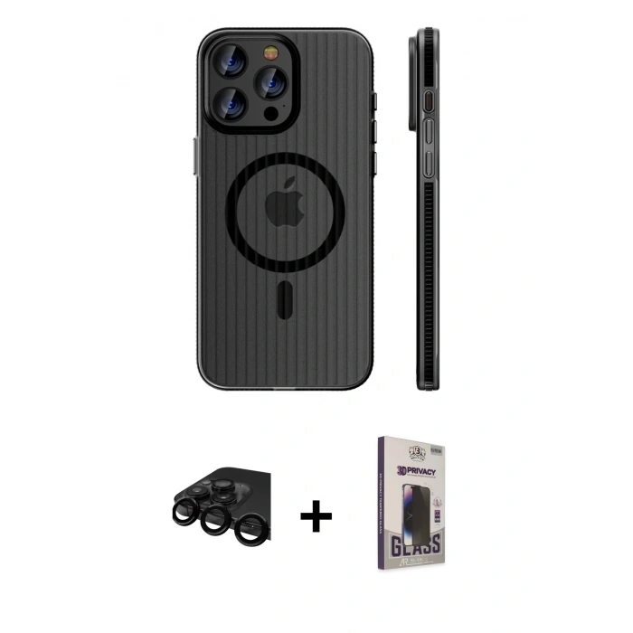 MARSİLYAN™- iPhone 15 Pro Max Kılıf Pusula Minimal Koleksiyonu - Siyah Bilvis Hayalet Cam Ekran Koruyucu + Raze Metal Kamera Lens - SH