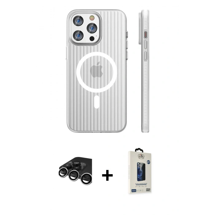 MARSİLYAN™- iPhone 15 Pro Max Kılıf Pusula Minimal Koleksiyonu - Siyah Bilvis Hayalet Cam Ekran Koruyucu + Raze Metal Kamera Lens - GS