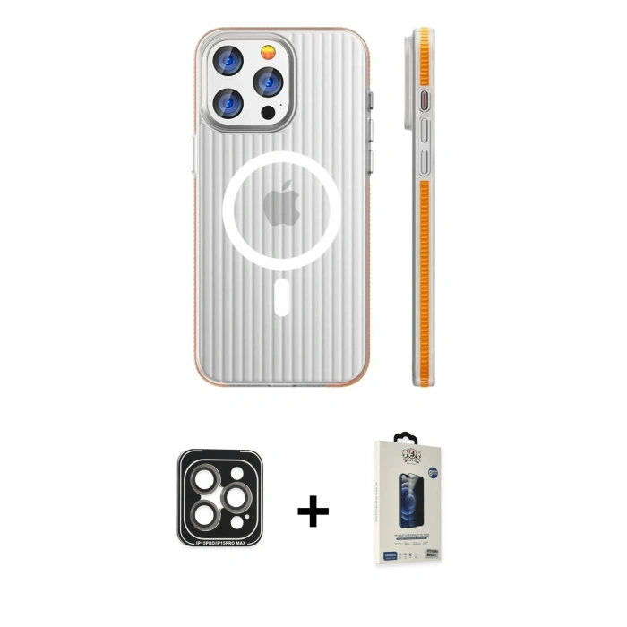 MARSİLYAN™- iPhone 15 Pro Max Kılıf Pusula Minimal Koleksiyonu - Siyah Bilvis Hayalet Cam Ekran Koruyucu + PVD Metal Kamera Lens - GI