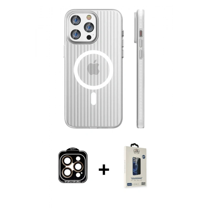 MARSİLYAN™- iPhone 15 Pro Max Kılıf Pusula Minimal Koleksiyonu - Siyah Bilvis Hayalet Cam Ekran Koruyucu + PVD Metal Kamera Lens - TU