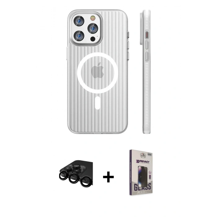 MARSİLYAN™- iPhone 15 Pro Max Kılıf Pusula Minimal Koleksiyonu - Siyah Bilvis Hayalet Cam Ekran Koruyucu + Raze Metal Kamera Lens - SH