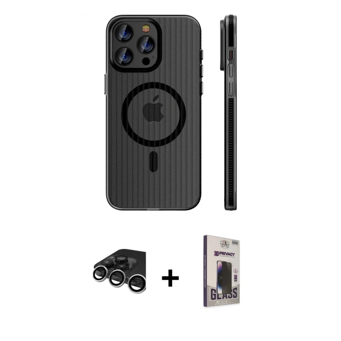 MARSİLYAN™- iPhone 15 Pro Max Kılıf Pusula Minimal Koleksiyonu - Siyah Bilvis Hayalet Cam Ekran Koruyucu + Raze Metal Kamera Lens - GS