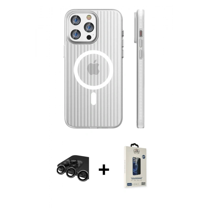 MARSİLYAN™- iPhone 15 Pro Max Kılıf Pusula Minimal Koleksiyonu - Siyah Bilvis Hayalet Cam Ekran Koruyucu + Raze Metal Kamera Lens - TMGI