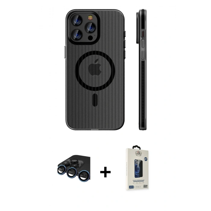 MARSİLYAN™- iPhone 15 Pro Max Kılıf Pusula Minimal Koleksiyonu - Siyah Bilvis Hayalet Cam Ekran Koruyucu + Raze Metal Kamera Lens - LT
