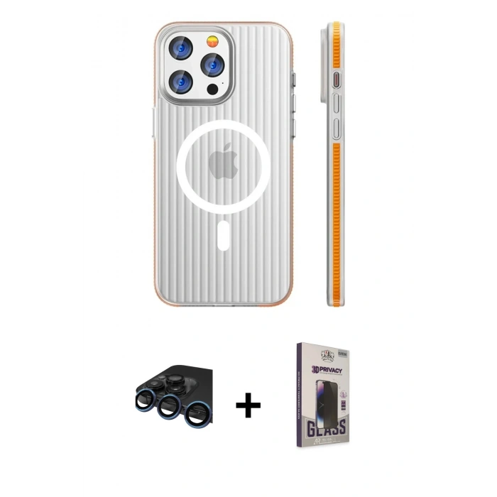 MARSİLYAN™- iPhone 15 Pro Max Kılıf Pusula Minimal Koleksiyonu - Siyah Bilvis Hayalet Cam Ekran Koruyucu + Raze Metal Kamera Lens - LT