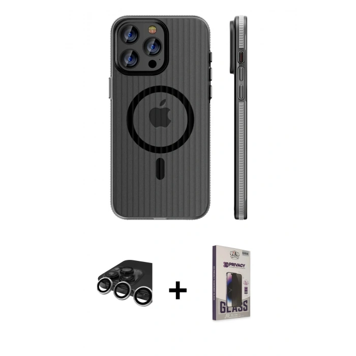 MARSİLYAN™- iPhone 15 Pro Max Kılıf Pusula Minimal Koleksiyonu - Siyah Bilvis Hayalet Cam Ekran Koruyucu + Raze Metal Kamera Lens - GS