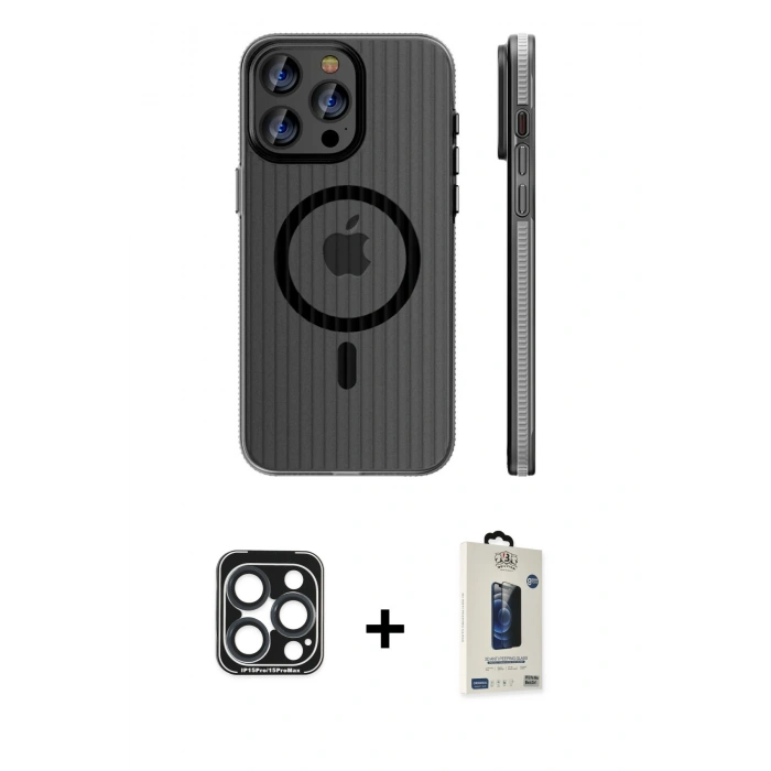 MARSİLYAN™- iPhone 15 Pro Max Kılıf Pusula Minimal Koleksiyonu - Siyah Bilvis Hayalet Cam Ekran Koruyucu + PVD Metal Kamera Lens - LT