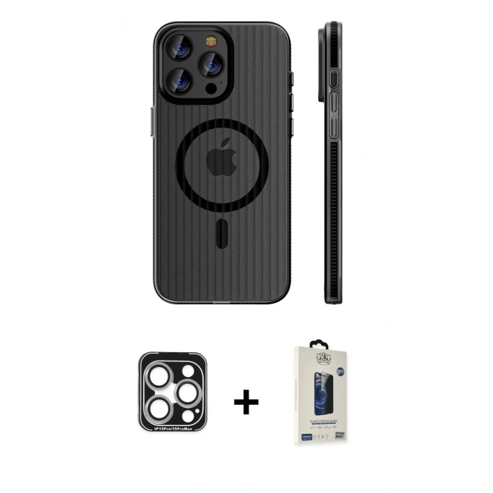 MARSİLYAN™- iPhone 15 Pro Max Kılıf Pusula Minimal Koleksiyonu - Siyah Bilvis Hayalet Cam Ekran Koruyucu + PVD Metal Kamera Lens - GS