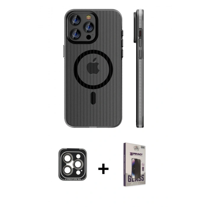 MARSİLYAN™- iPhone 15 Pro Max Kılıf Pusula Minimal Koleksiyonu - Siyah Bilvis Hayalet Cam Ekran Koruyucu + PVD Metal Kamera Lens - GI