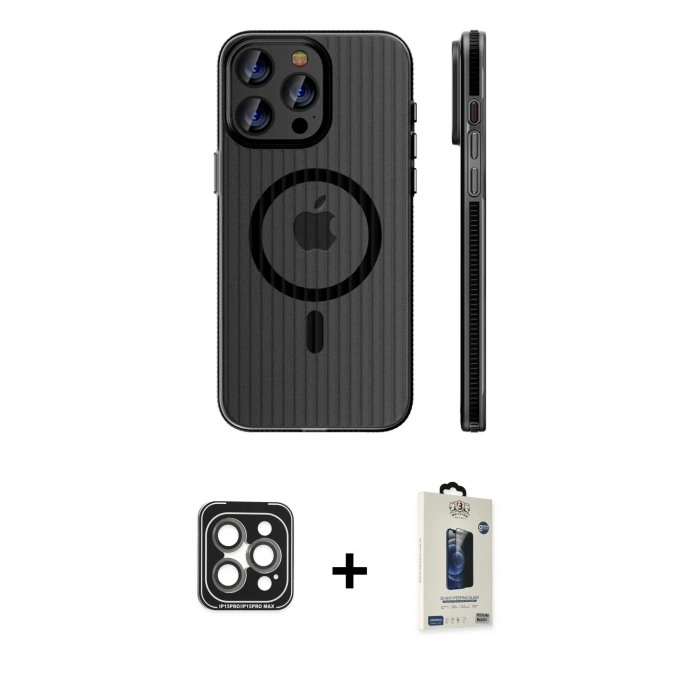 MARSİLYAN™- iPhone 15 Pro Max Kılıf Pusula Minimal Koleksiyonu - Siyah Bilvis Hayalet Cam Ekran Koruyucu + PVD Metal Kamera Lens - GI
