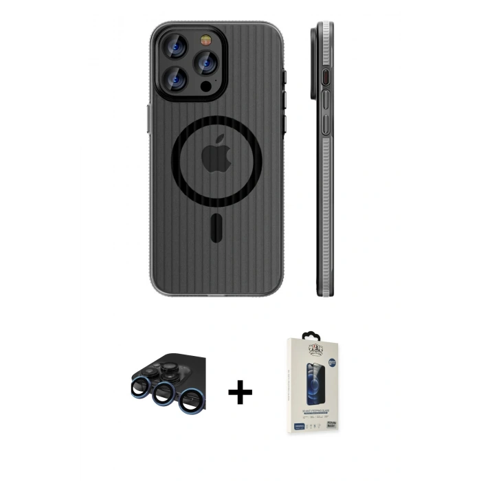 MARSİLYAN™- iPhone 15 Pro Max Kılıf Pusula Minimal Koleksiyonu - Siyah Bilvis Hayalet Cam Ekran Koruyucu + Raze Metal Kamera Lens - LT
