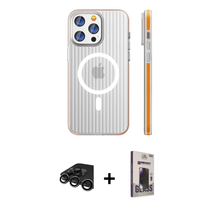 MARSİLYAN™- iPhone 15 Pro Max Kılıf Pusula Minimal Koleksiyonu - Siyah Bilvis Hayalet Cam Ekran Koruyucu + Raze Metal Kamera Lens - TMGI