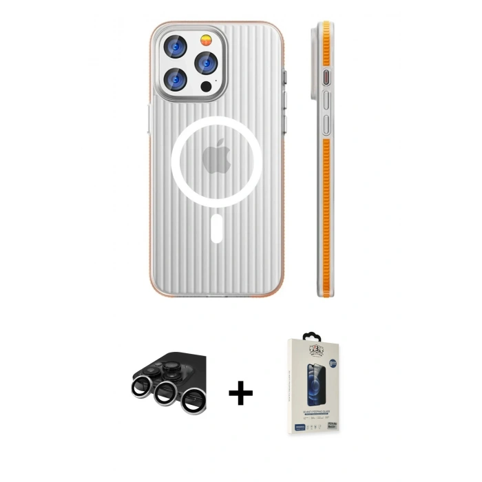 MARSİLYAN™- iPhone 15 Pro Max Kılıf Pusula Minimal Koleksiyonu - Siyah Bilvis Hayalet Cam Ekran Koruyucu + Raze Metal Kamera Lens - GS