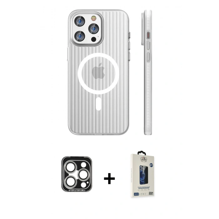 MARSİLYAN™- iPhone 15 Pro Max Kılıf Pusula Minimal Koleksiyonu - Siyah Bilvis Hayalet Cam Ekran Koruyucu + PVD Metal Kamera Lens - GS