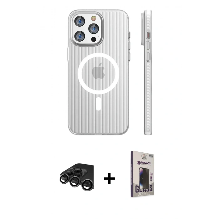 MARSİLYAN™- iPhone 15 Pro Max Kılıf Pusula Minimal Koleksiyonu - Siyah Bilvis Hayalet Cam Ekran Koruyucu + Raze Metal Kamera Lens - TMGI