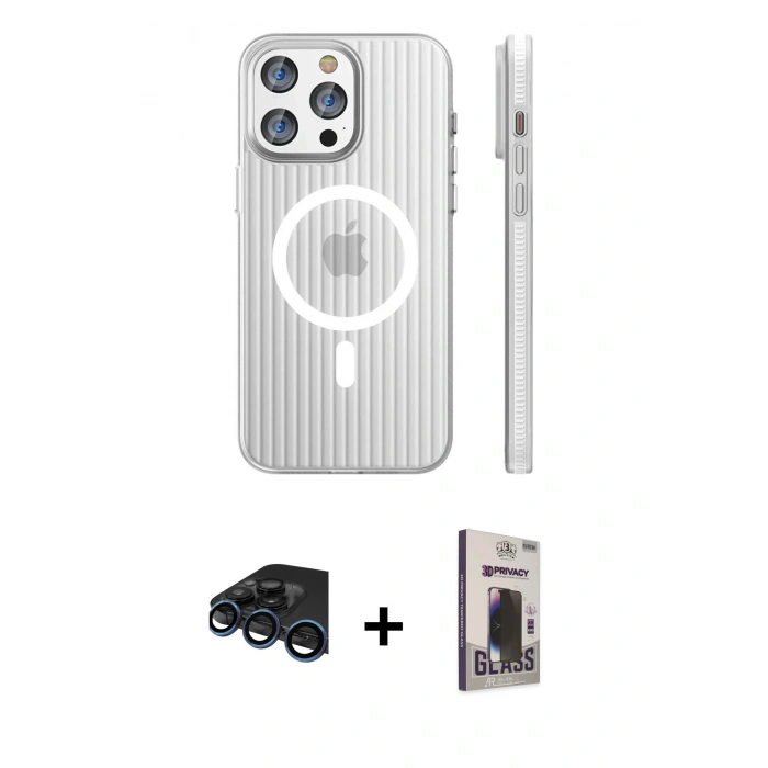 MARSİLYAN™- iPhone 15 Pro Max Kılıf Pusula Minimal Koleksiyonu - Siyah Bilvis Hayalet Cam Ekran Koruyucu + Raze Metal Kamera Lens - LT