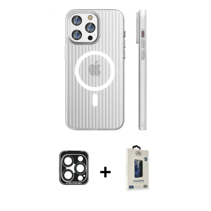 MARSİLYAN™- iPhone 15 Pro Max Kılıf Pusula Minimal Koleksiyonu - Siyah Bilvis Hayalet Cam Ekran Koruyucu + PVD Metal Kamera Lens - LT